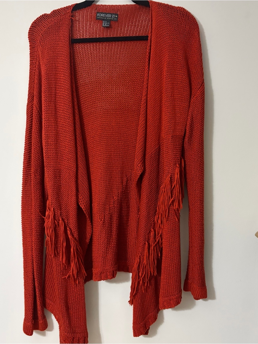 Forever 21 Orange Open-Front Fringe Knit Cardigan
